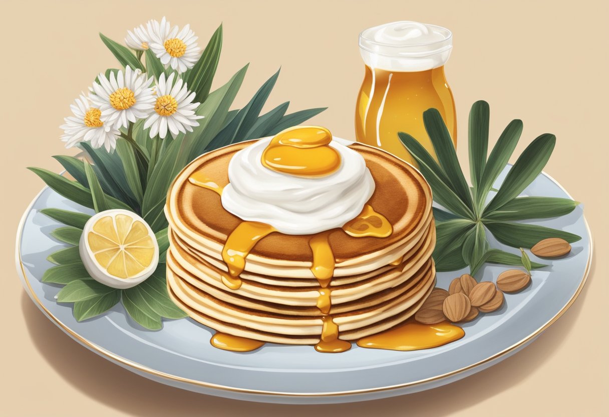 A plate of golden-brown pikelets topped with a dollop of cream and a drizzle of sweet golden syrup, set against a backdrop of Australian flora and fauna
