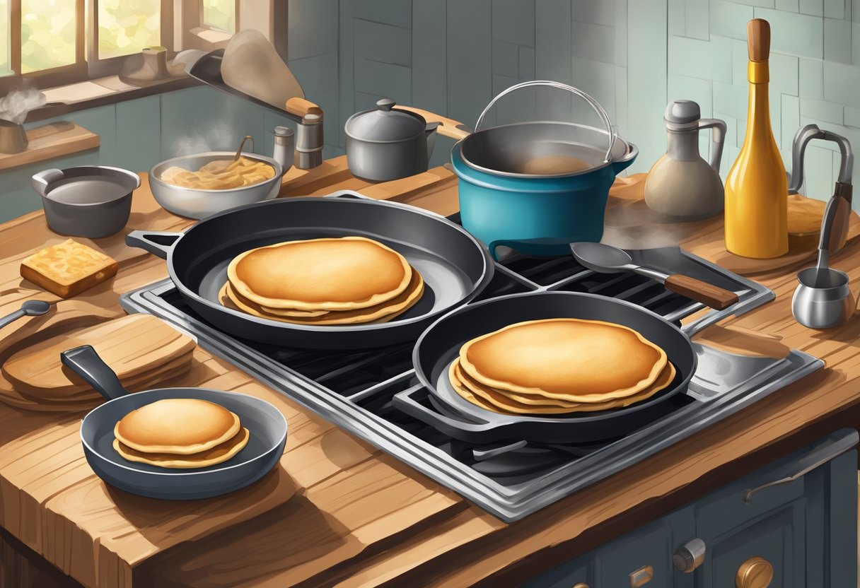 A rustic kitchen with a cast-iron griddle sizzling with batter, surrounded by vintage cooking utensils and a stack of freshly made pancakes