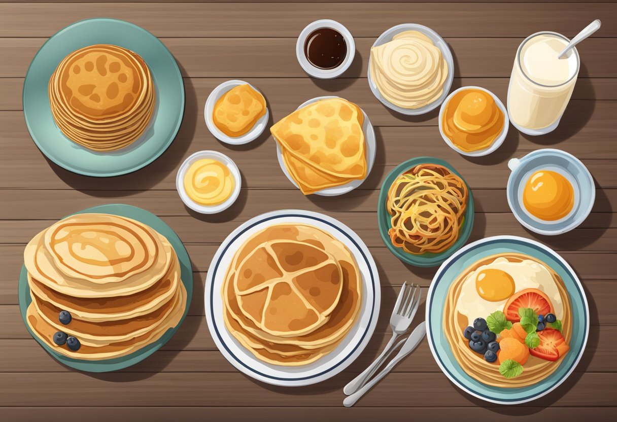A table with a variety of pancakes from different cultures, including French crepes, American buttermilk, and Japanese okonomiyaki