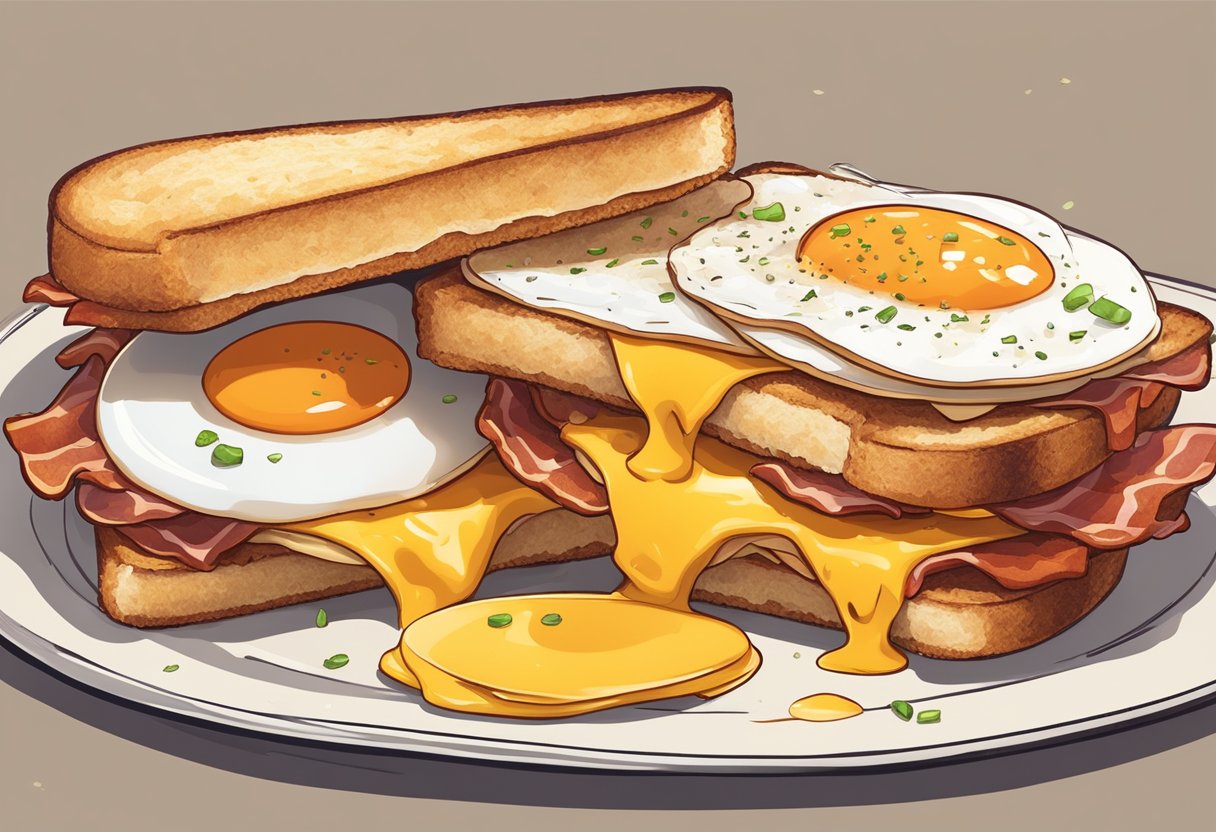 A breakfast sandwich sits on a plate, with crispy bacon, fluffy eggs, and melted cheese between two golden-brown slices of toast
