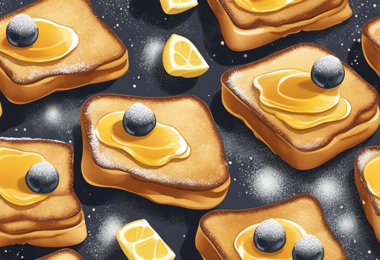 Golden French toast sizzling on a buttered griddle, topped with a drizzle of syrup and a dusting of powdered sugar