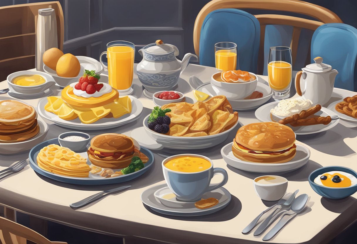 A table set with iconic breakfast dishes from famous movie restaurants