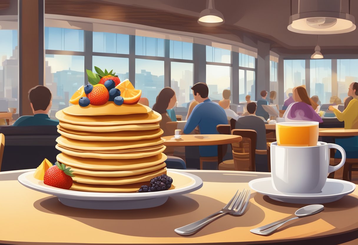 A table set with a towering stack of pancakes, a colorful fruit platter, and a steaming cup of coffee, all surrounded by the bustling atmosphere of a famous movie restaurant