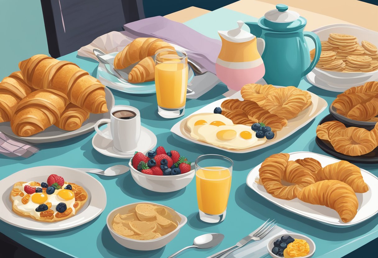 A table set with iconic breakfast dishes from famous movies, including a bowl of cereal from "The Breakfast Club" and a croissant from "Breakfast at Tiffany's."