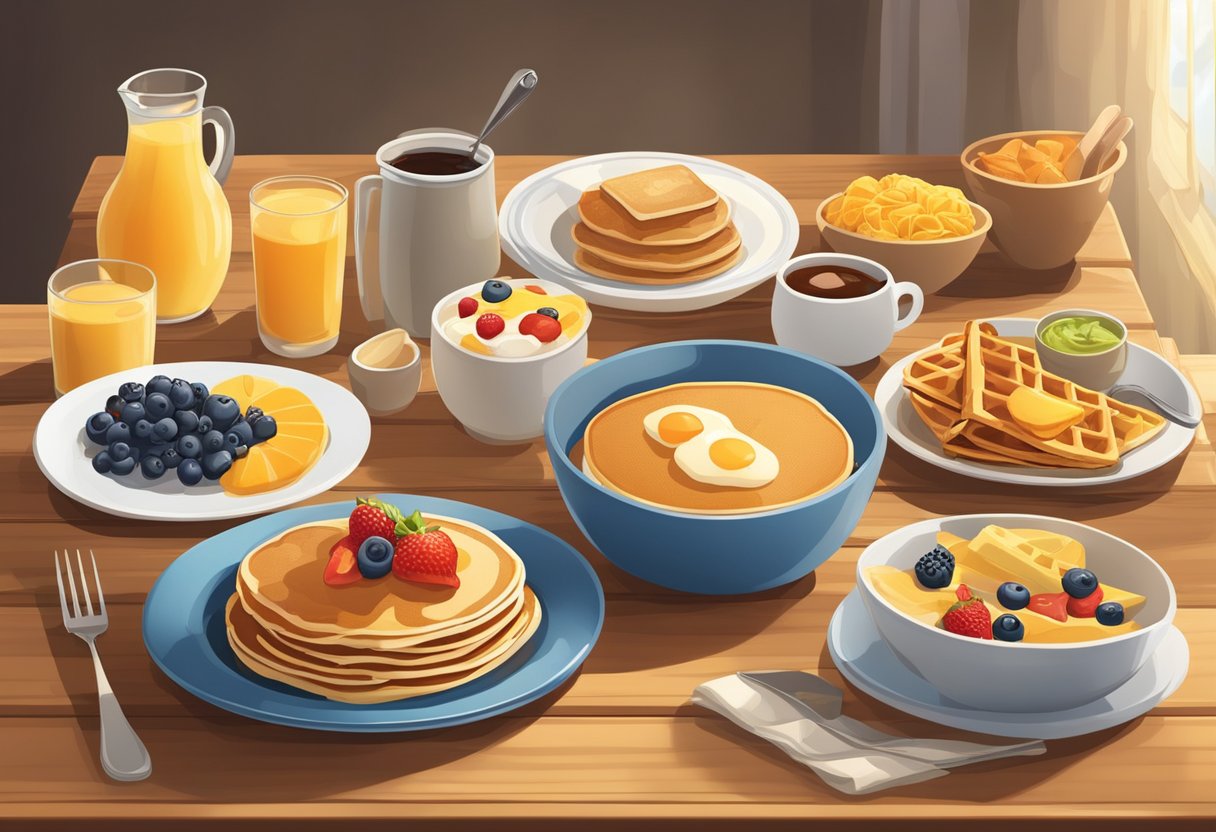 A table set with a variety of breakfast classics, including pancakes, waffles, and assorted toppings. A warm and inviting atmosphere with natural light streaming in