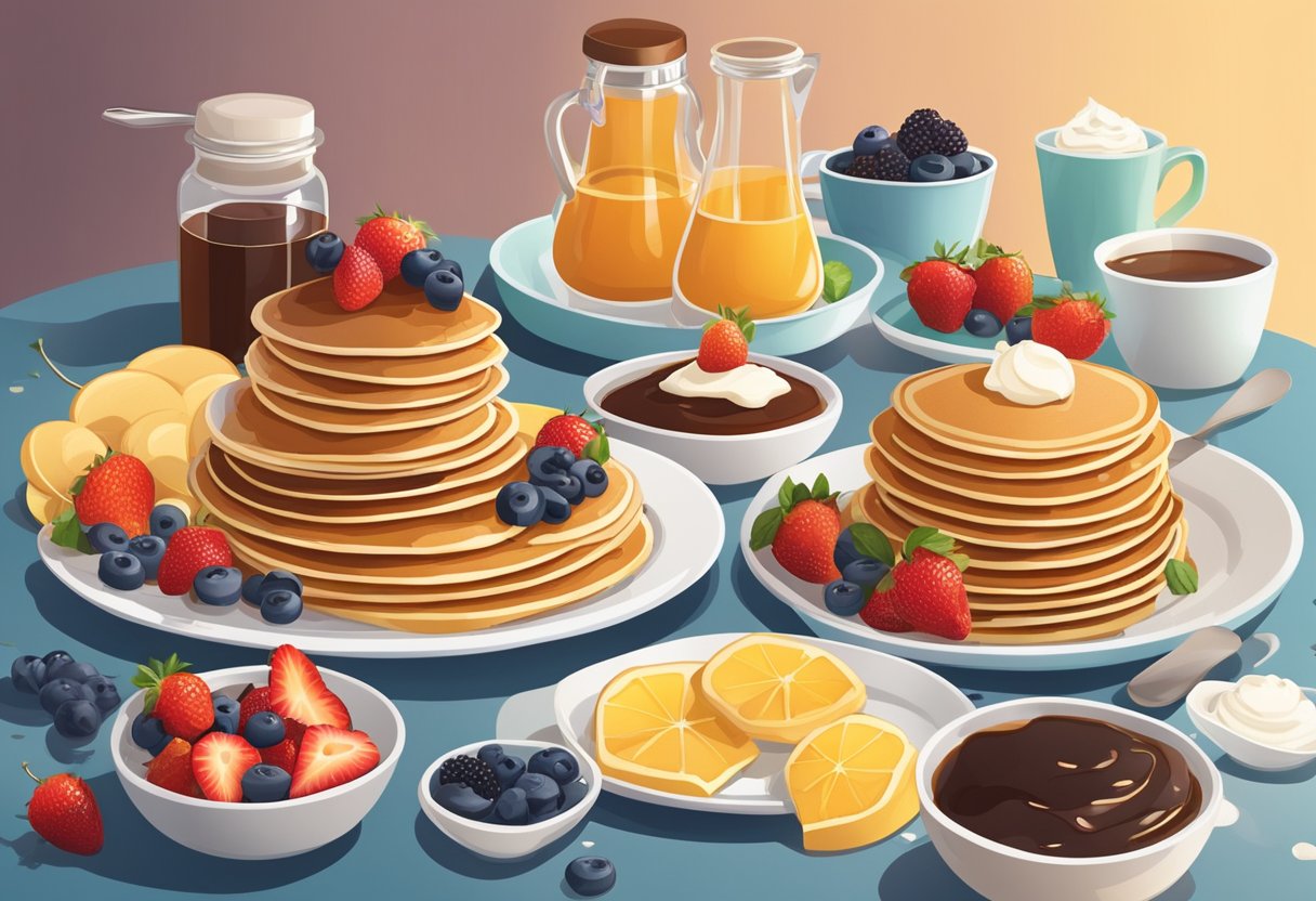 A spread of pancakes, waffles, and various toppings arranged on a table, with fresh fruits, syrup, and whipped cream