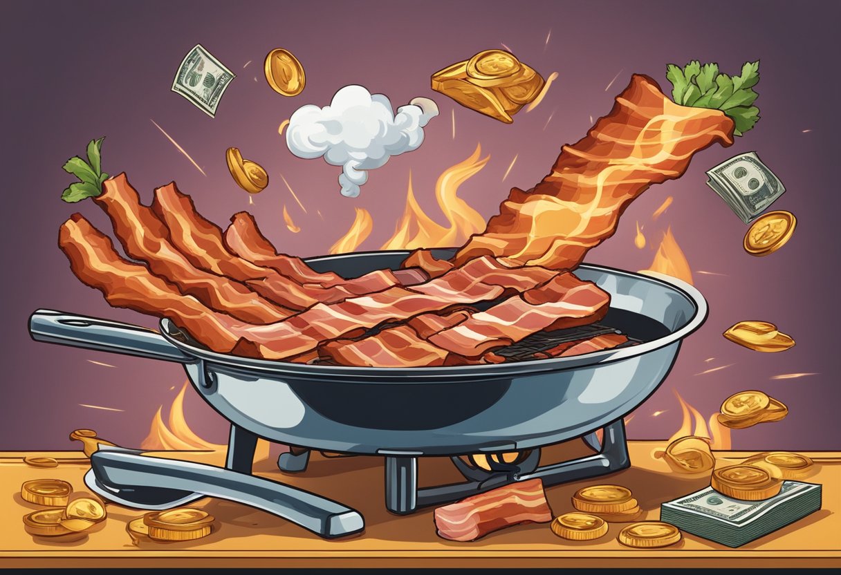 A sizzling piece of bacon emerges from a frying pan, surrounded by dollar signs and industry symbols. The aroma fills the air as bacon becomes a cultural icon