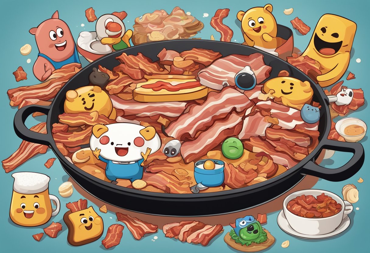 A sizzling pan of bacon surrounded by cartoon characters, emojis, and social media icons. Bacon-themed merchandise and advertisements fill the background