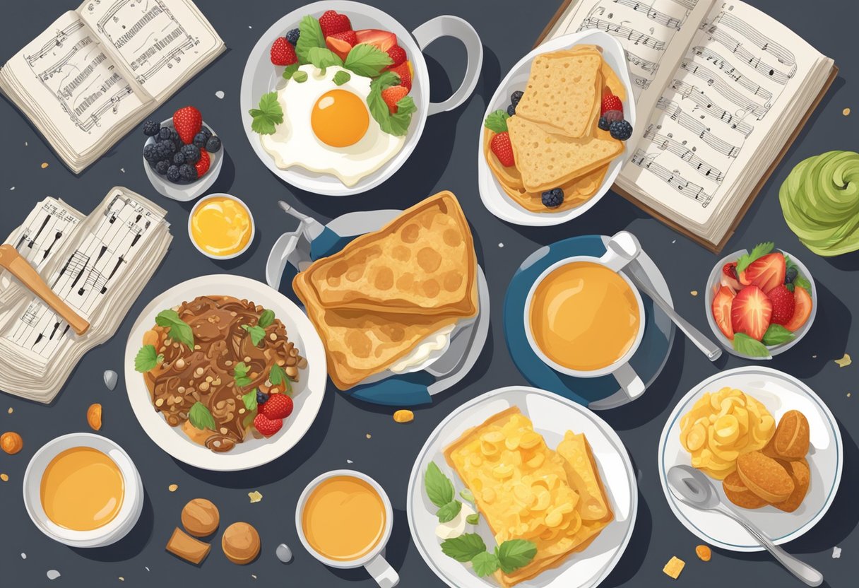 A table set with a variety of breakfast foods, surrounded by musical instruments and sheet music