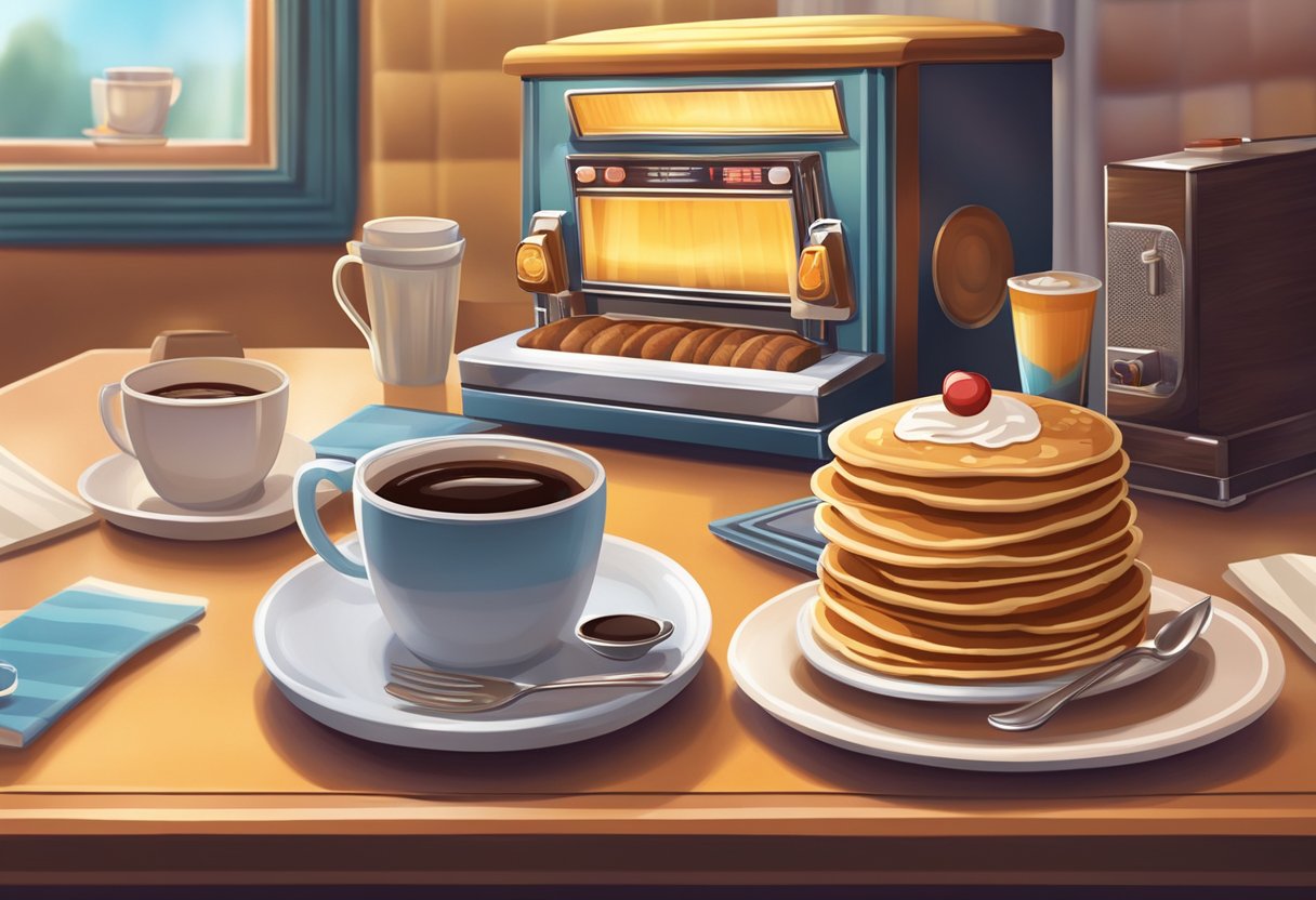 A table set with a steaming cup of coffee, a plate of pancakes, and a jukebox playing breakfast-themed songs in a cozy diner