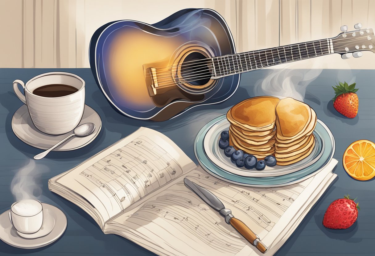 A table set with a steaming cup of coffee, a plate of pancakes, and a bowl of fruit. Sheet music and a guitar sit nearby