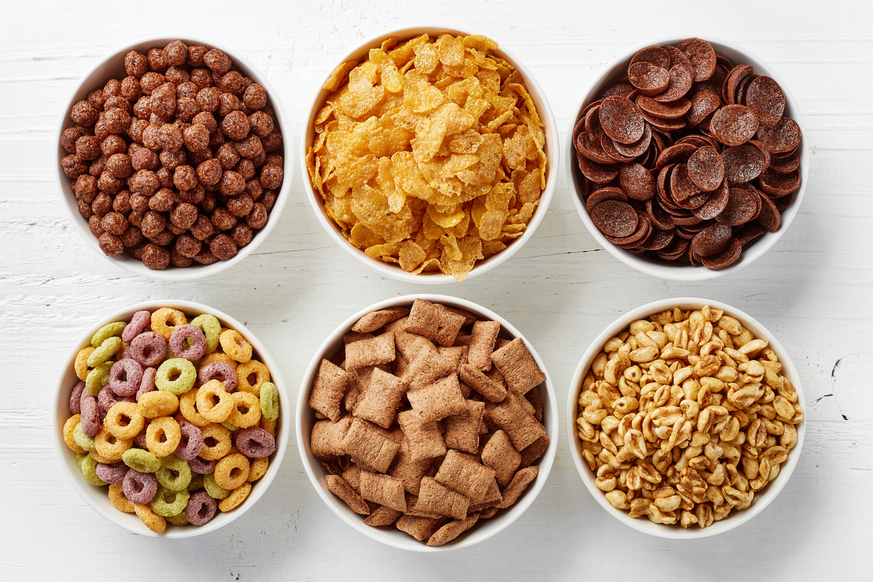 Bowls of various cereals from top view