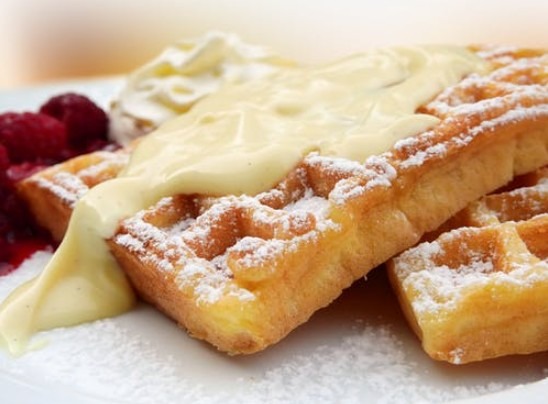 Waffles with coconut powder and cream