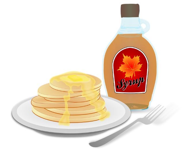 a stack of pancakes with butter and maple syrup, plate, fork, a bottle of maple syrup